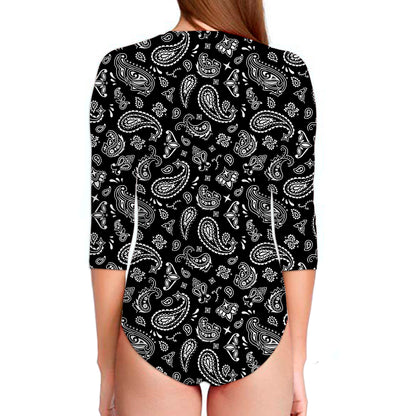 Black Paisley Bandana Pattern Print Long Sleeve Swimsuit