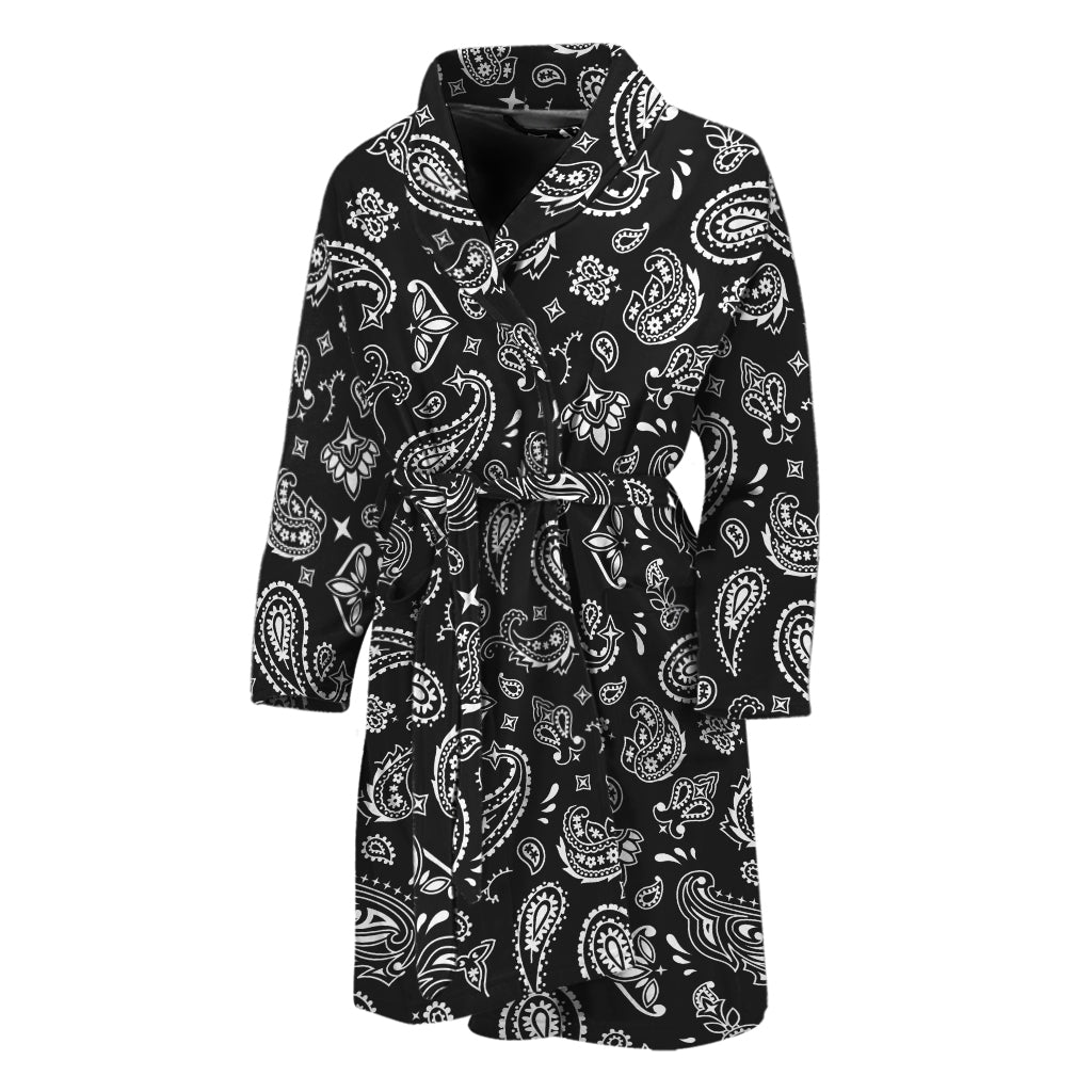Black Paisley Bandana Pattern Print Men's Bathrobe