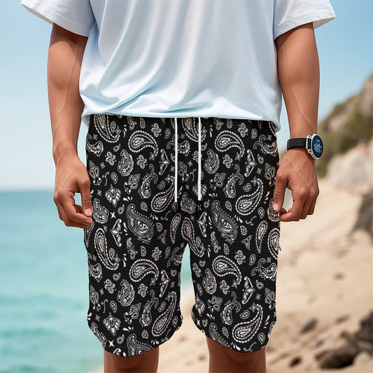 Black Paisley Bandana Pattern Print Men's Cargo Shorts