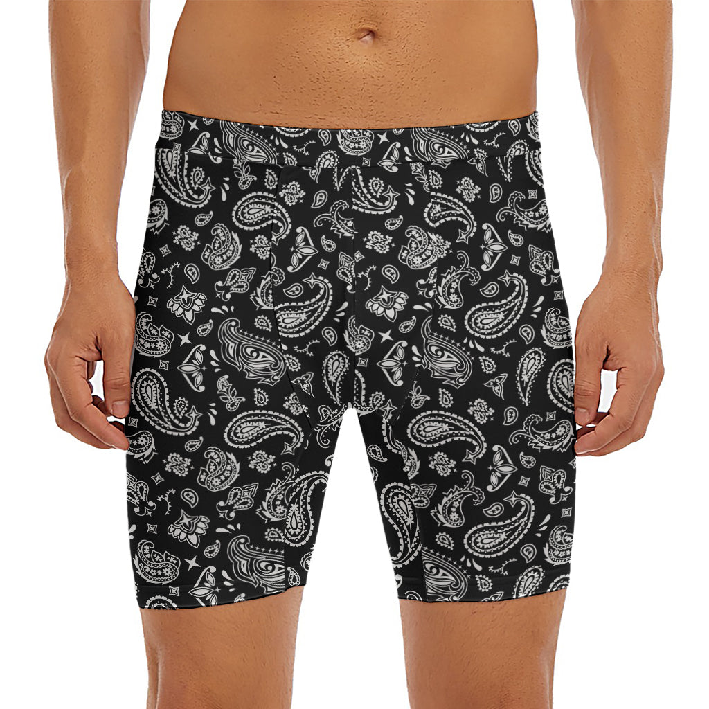 Black Paisley Bandana Pattern Print Men's Long Boxer Briefs