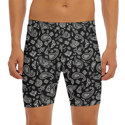 Black Paisley Bandana Pattern Print Men's Long Boxer Briefs