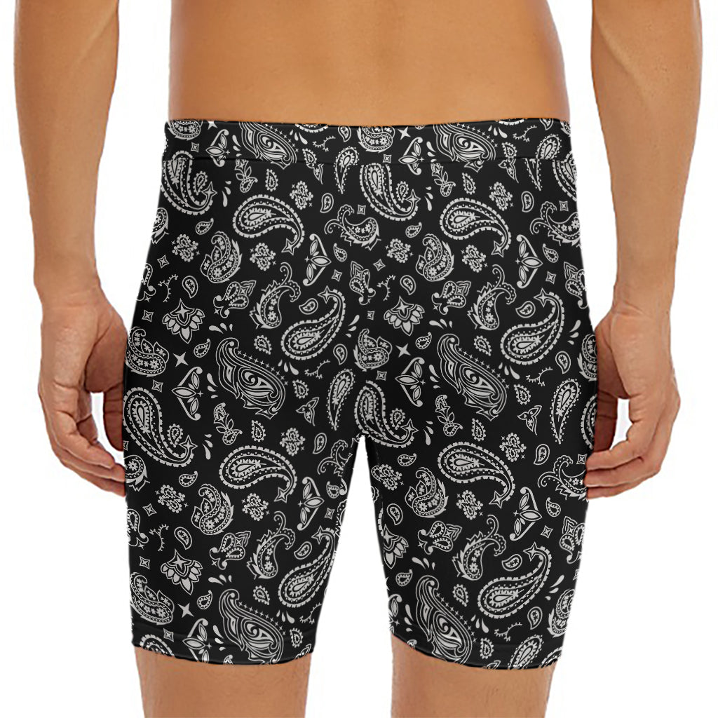 Black Paisley Bandana Pattern Print Men's Long Boxer Briefs