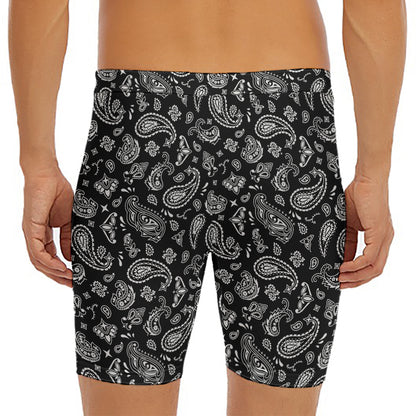 Black Paisley Bandana Pattern Print Men's Long Boxer Briefs
