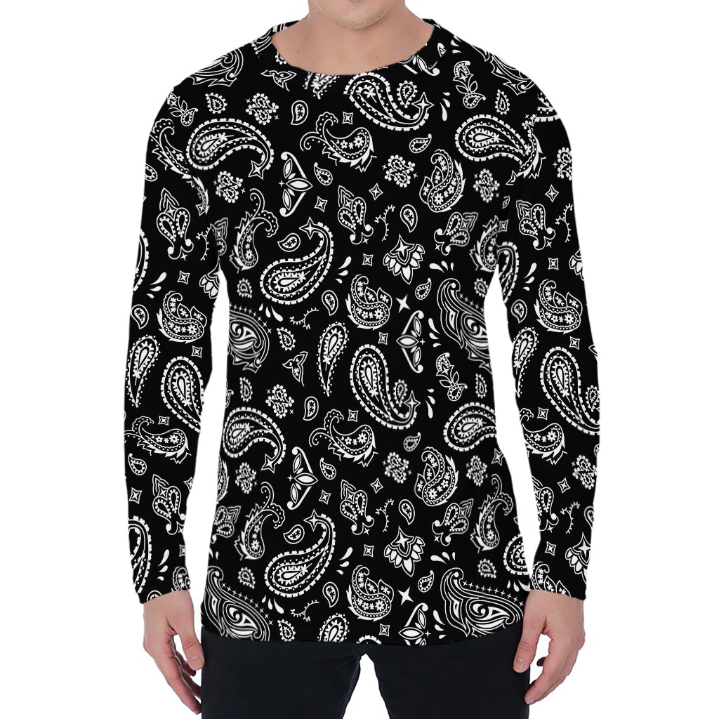 Black Paisley Bandana Pattern Print Men's Long Sleeve T-Shirt