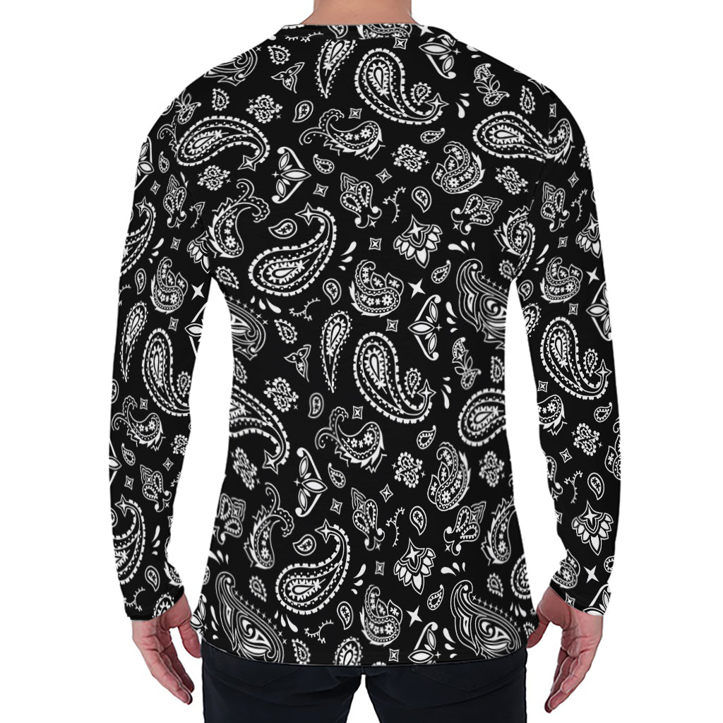 Black Paisley Bandana Pattern Print Men's Long Sleeve T-Shirt