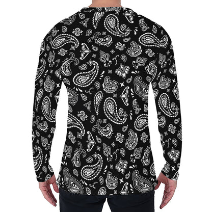 Black Paisley Bandana Pattern Print Men's Long Sleeve T-Shirt