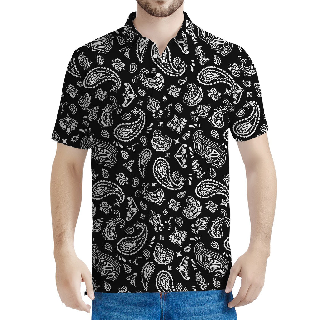 Black Paisley Bandana Pattern Print Men's Polo Shirt