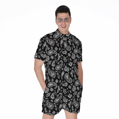 Black Paisley Bandana Pattern Print Men's Rompers
