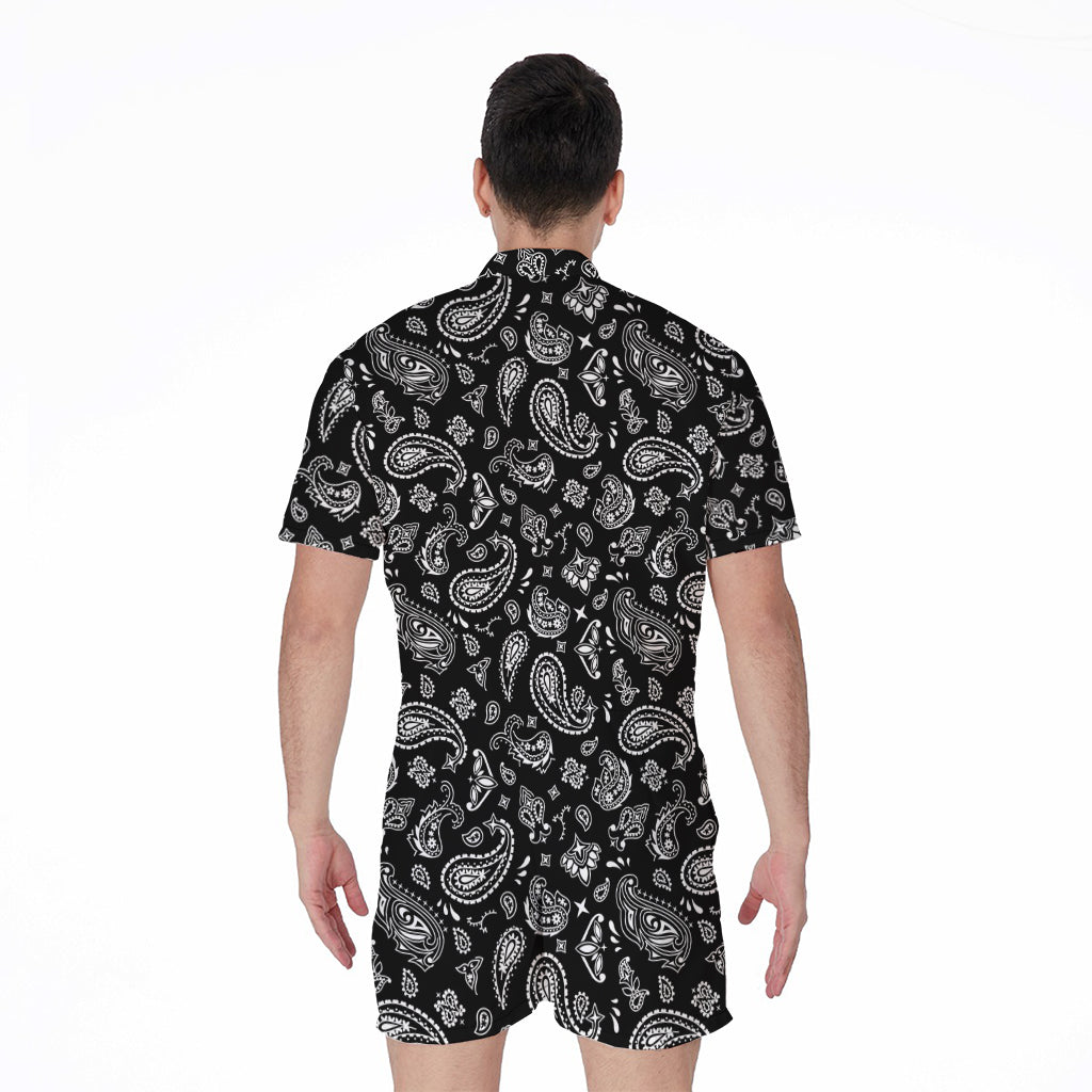 Black Paisley Bandana Pattern Print Men's Rompers