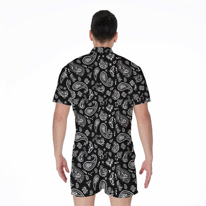 Black Paisley Bandana Pattern Print Men's Rompers