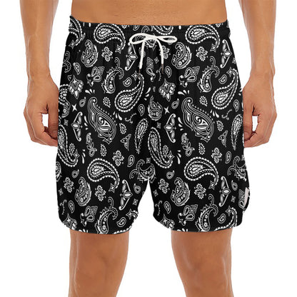 Black Paisley Bandana Pattern Print Men's Split Running Shorts