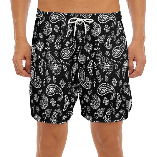 Black Paisley Bandana Pattern Print Men's Split Running Shorts