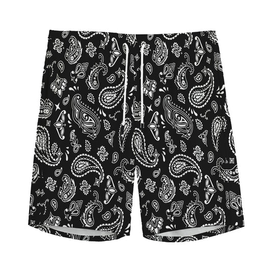 Black Paisley Bandana Pattern Print Men's Sports Shorts