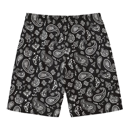 Black Paisley Bandana Pattern Print Men's Swim Trunks