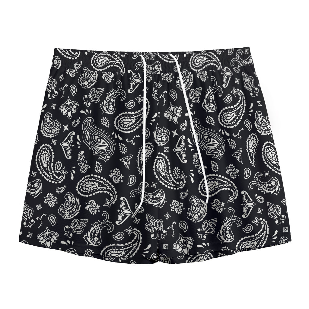 Black Paisley Bandana Pattern Print Mesh Shorts