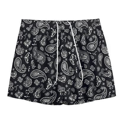 Black Paisley Bandana Pattern Print Mesh Shorts