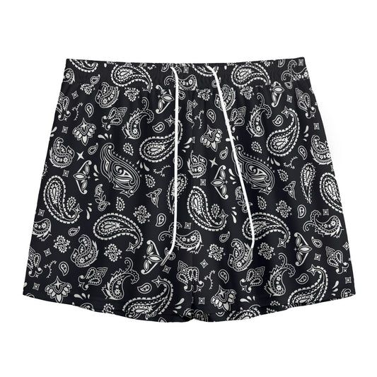 Black Paisley Bandana Pattern Print Mesh Shorts
