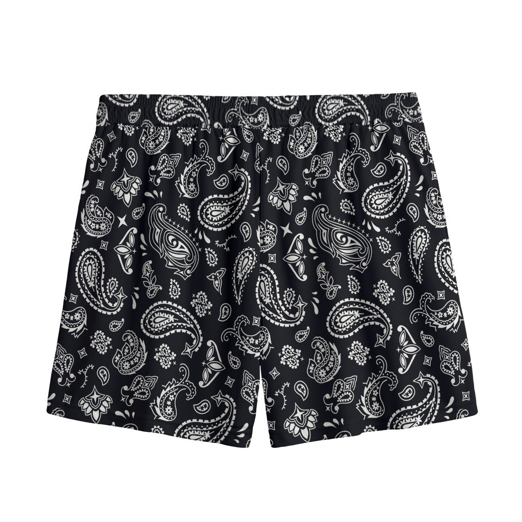 Black Paisley Bandana Pattern Print Mesh Shorts
