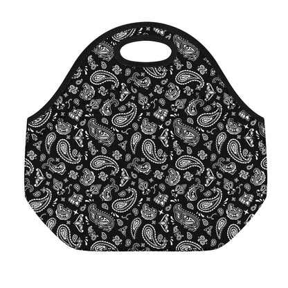 Black Paisley Bandana Pattern Print Neoprene Lunch Bag