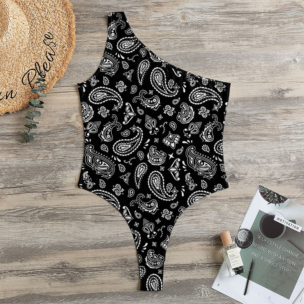 Black Paisley Bandana Pattern Print One Shoulder Bodysuit