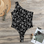 Black Paisley Bandana Pattern Print One Shoulder Bodysuit