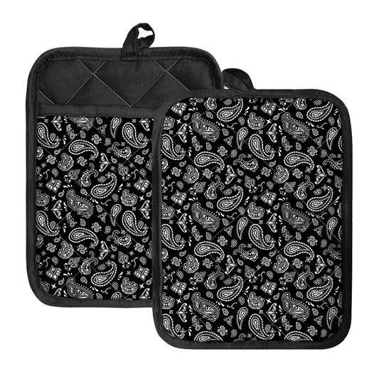 Black Paisley Bandana Pattern Print Pot Holders With Pocket