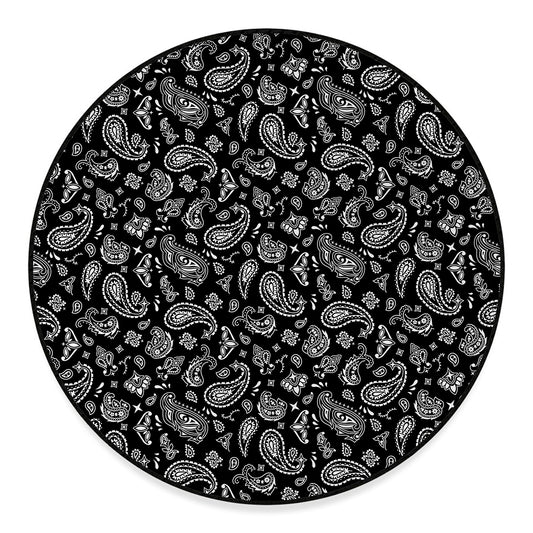 Black Paisley Bandana Pattern Print Round Floor Mat