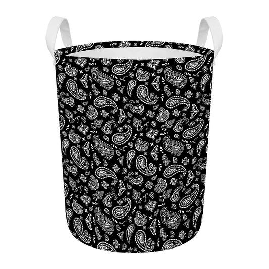 Black Paisley Bandana Pattern Print Round Laundry Basket