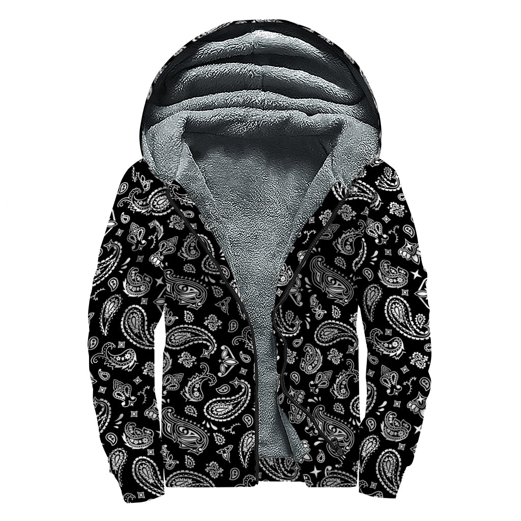 Black Paisley Bandana Pattern Print Sherpa Lined Zip Up Hoodie