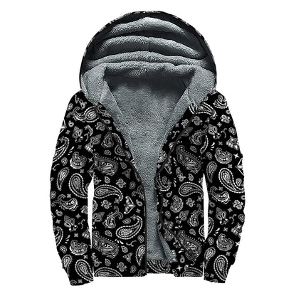 Black Paisley Bandana Pattern Print Sherpa Lined Zip Up Hoodie