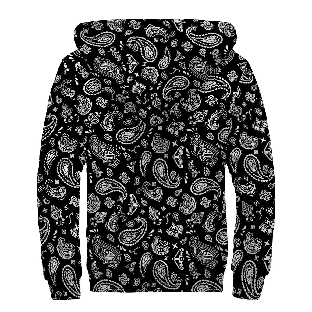 Black Paisley Bandana Pattern Print Sherpa Lined Zip Up Hoodie