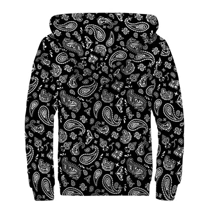 Black Paisley Bandana Pattern Print Sherpa Lined Zip Up Hoodie