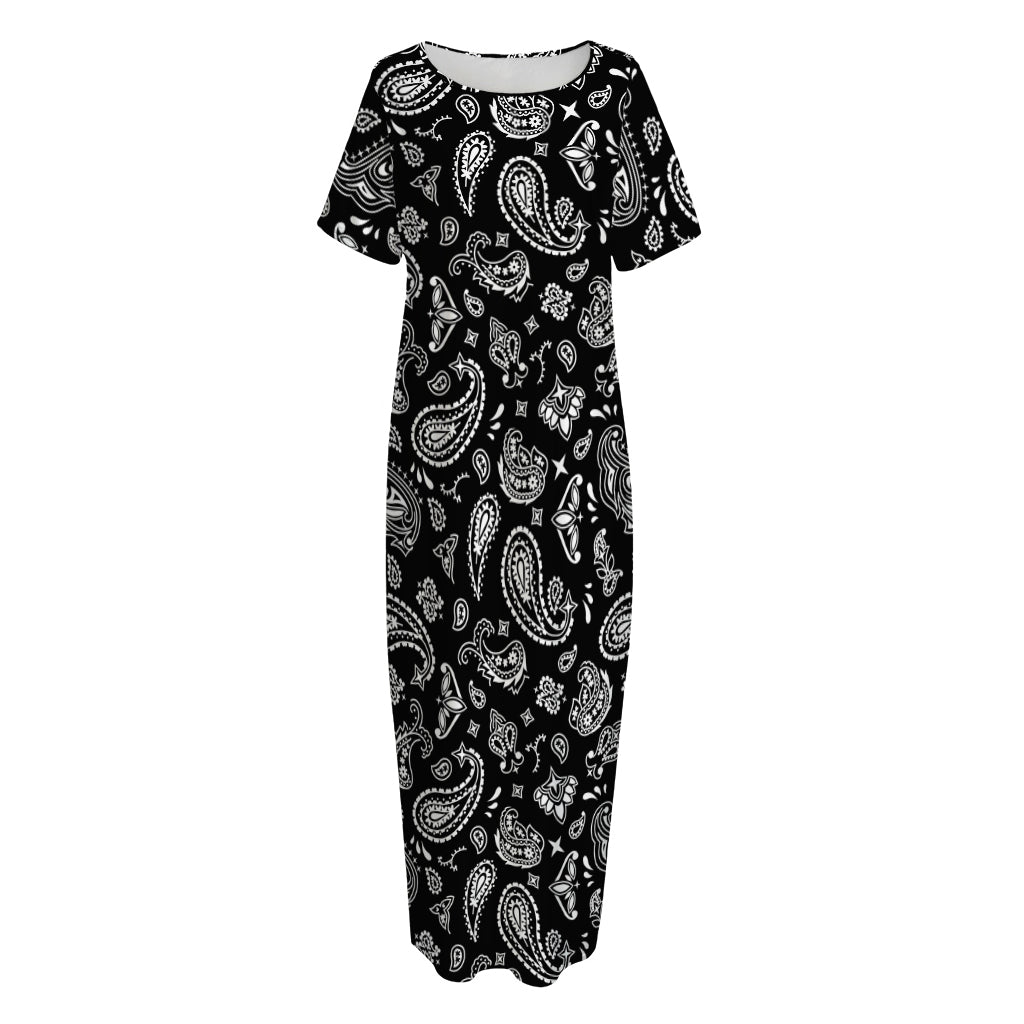 Black Paisley Bandana Pattern Print Short Sleeve Long Nightdress