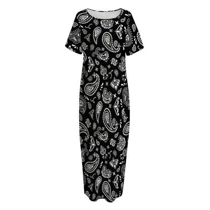 Black Paisley Bandana Pattern Print Short Sleeve Long Nightdress
