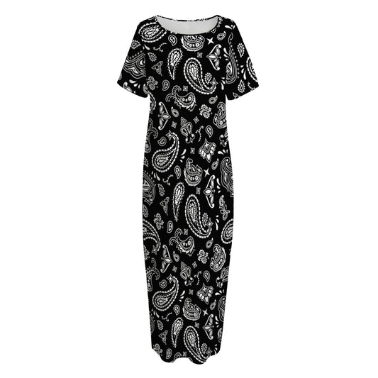 Black Paisley Bandana Pattern Print Short Sleeve Long Nightdress