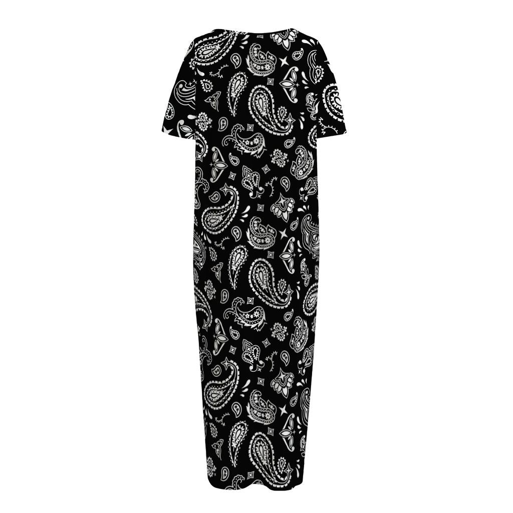 Black Paisley Bandana Pattern Print Short Sleeve Long Nightdress