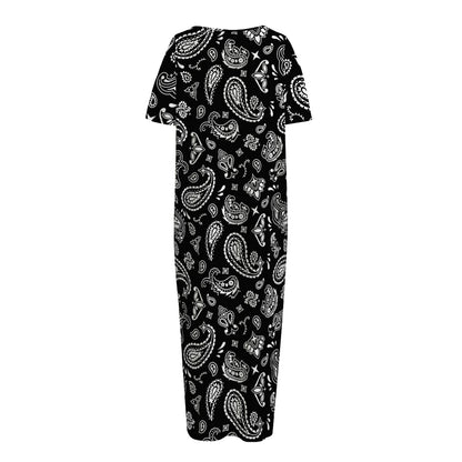 Black Paisley Bandana Pattern Print Short Sleeve Long Nightdress