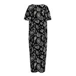 Black Paisley Bandana Pattern Print Short Sleeve Long Nightdress