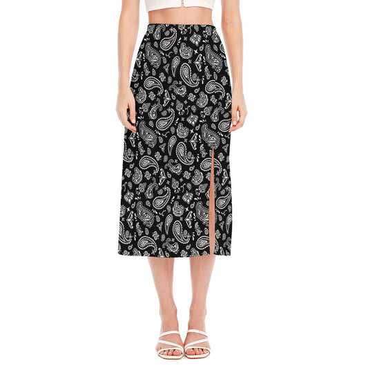 Black Paisley Bandana Pattern Print Side Slit Midi Skirt