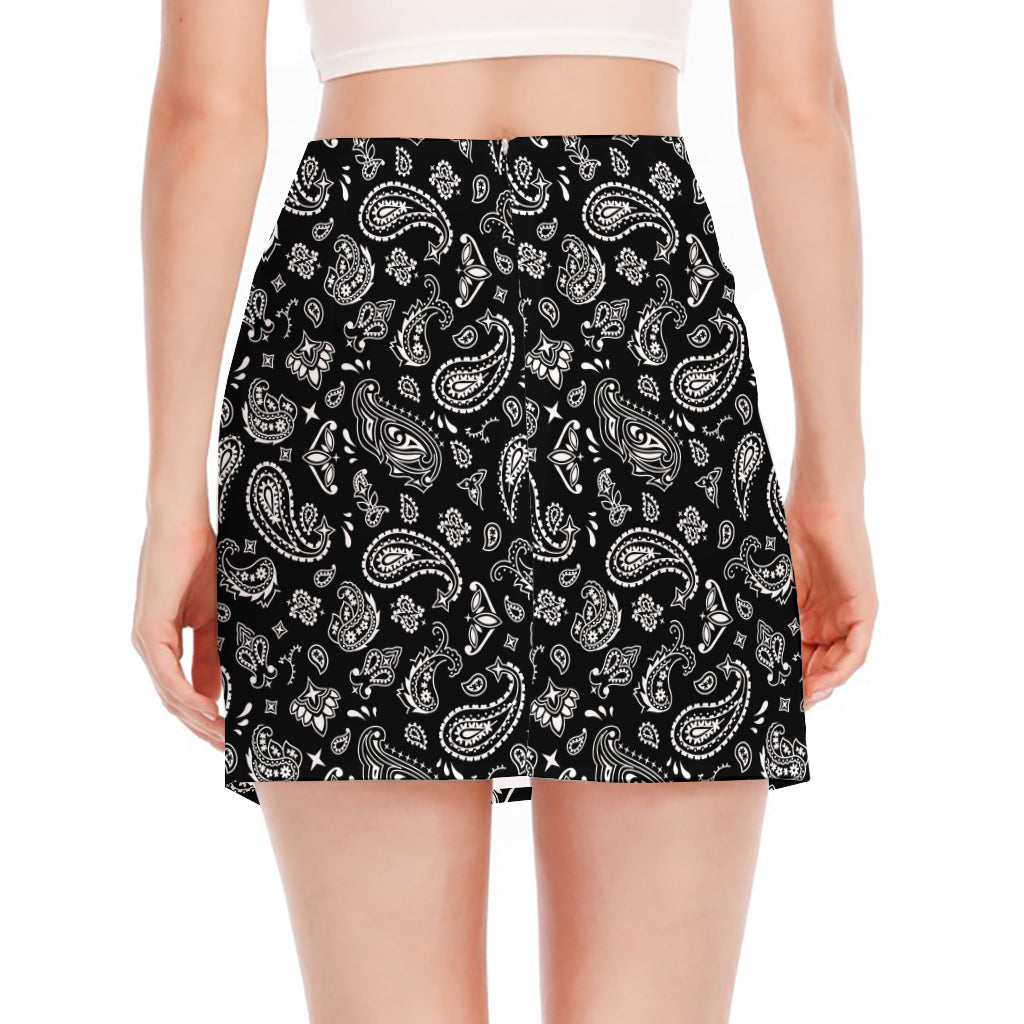 Black Paisley Bandana Pattern Print Side Slit Mini Skirt