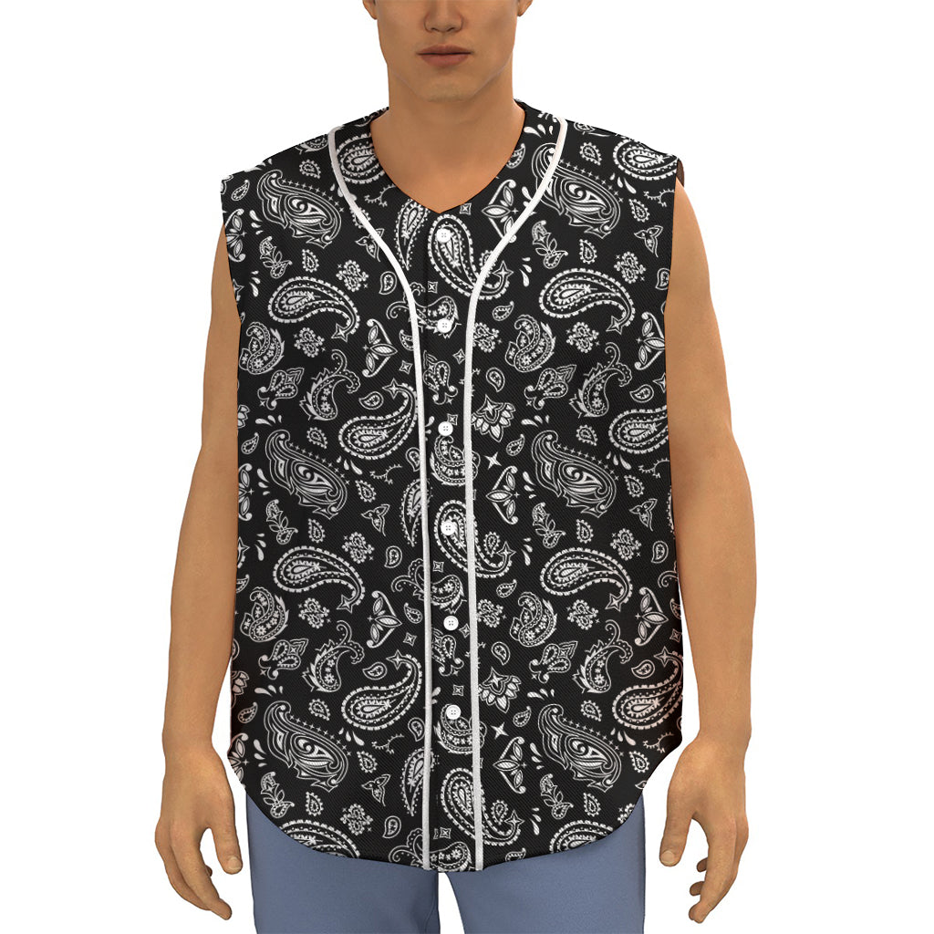 Black Paisley Bandana Pattern Print Sleeveless Baseball Jersey