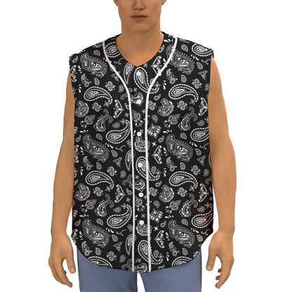 Black Paisley Bandana Pattern Print Sleeveless Baseball Jersey