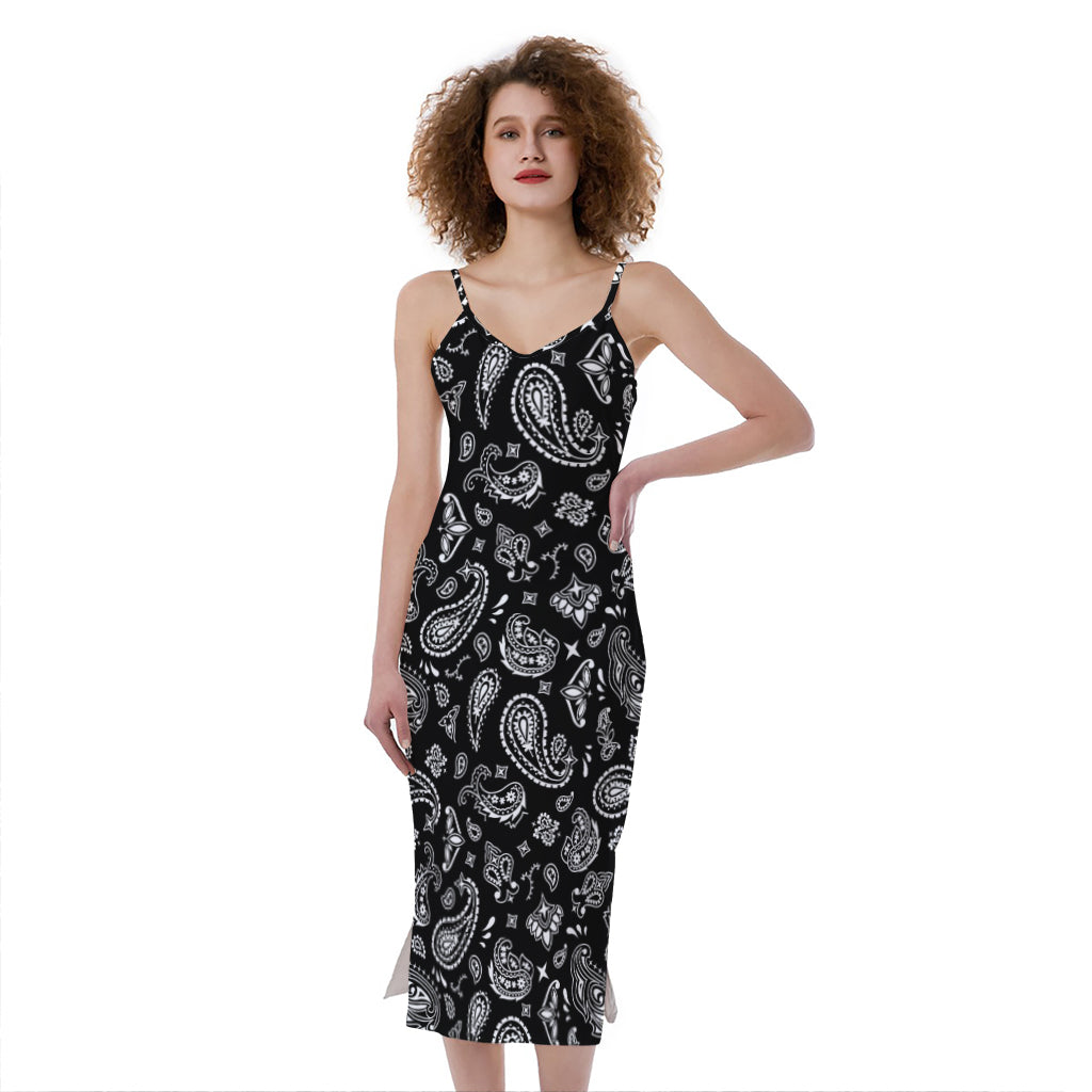 Black Paisley Bandana Pattern Print Slim Fit Midi Cami Dress