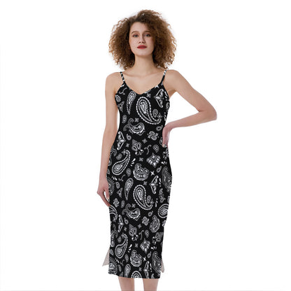 Black Paisley Bandana Pattern Print Slim Fit Midi Cami Dress