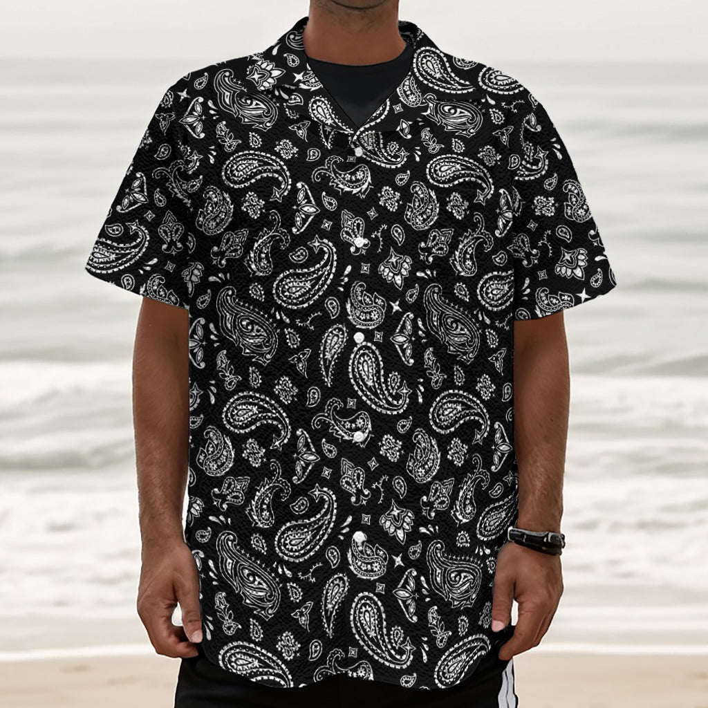 Black Paisley Bandana Pattern Print Textured Short Sleeve Shirt