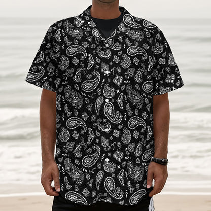 Black Paisley Bandana Pattern Print Textured Short Sleeve Shirt