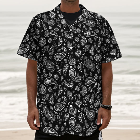 Black Paisley Bandana Pattern Print Textured Short Sleeve Shirt