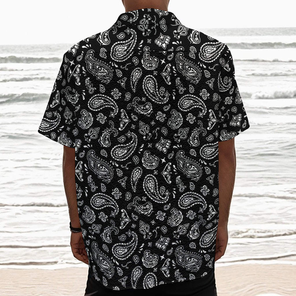 Black Paisley Bandana Pattern Print Textured Short Sleeve Shirt