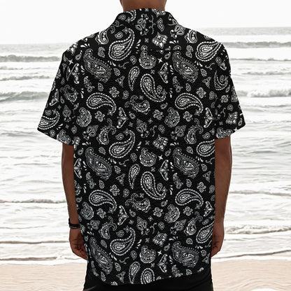 Black Paisley Bandana Pattern Print Textured Short Sleeve Shirt