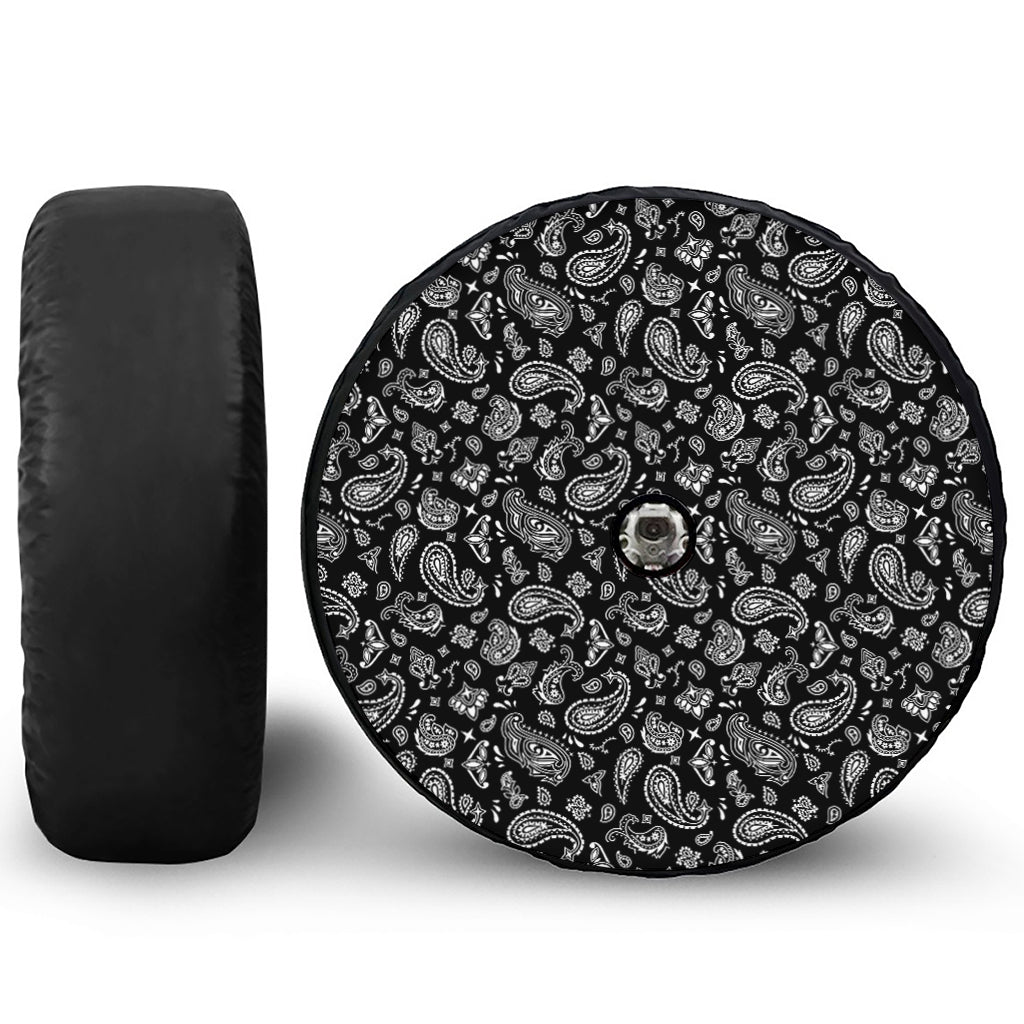 Black Paisley Bandana Pattern Print Tire Cover With Camera Hole